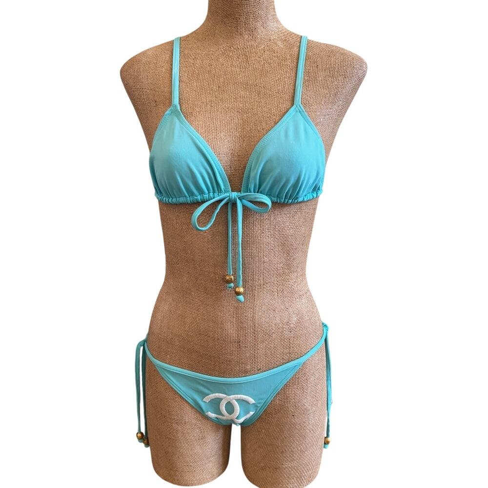 Chanel 1994 Vintage Turquoise CC Logo Bikini Naomi Campbell Luxury Size 38 US 6